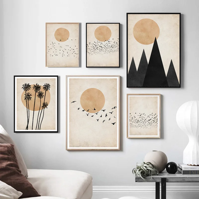 

Vintage Scandinavian Moon Bird Wall Art Canvas Painting Abstarct Landscape Print Poster Picture Minimalist Home Decoration