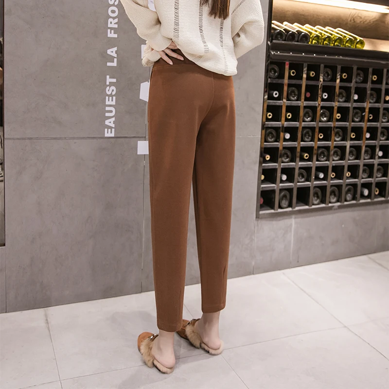 

XIBUSANA 2020 Winter New Women Straight Pants Elastic High Waist Lace Up Casual Woolen Harem Pants Loose Solid Thickened Female