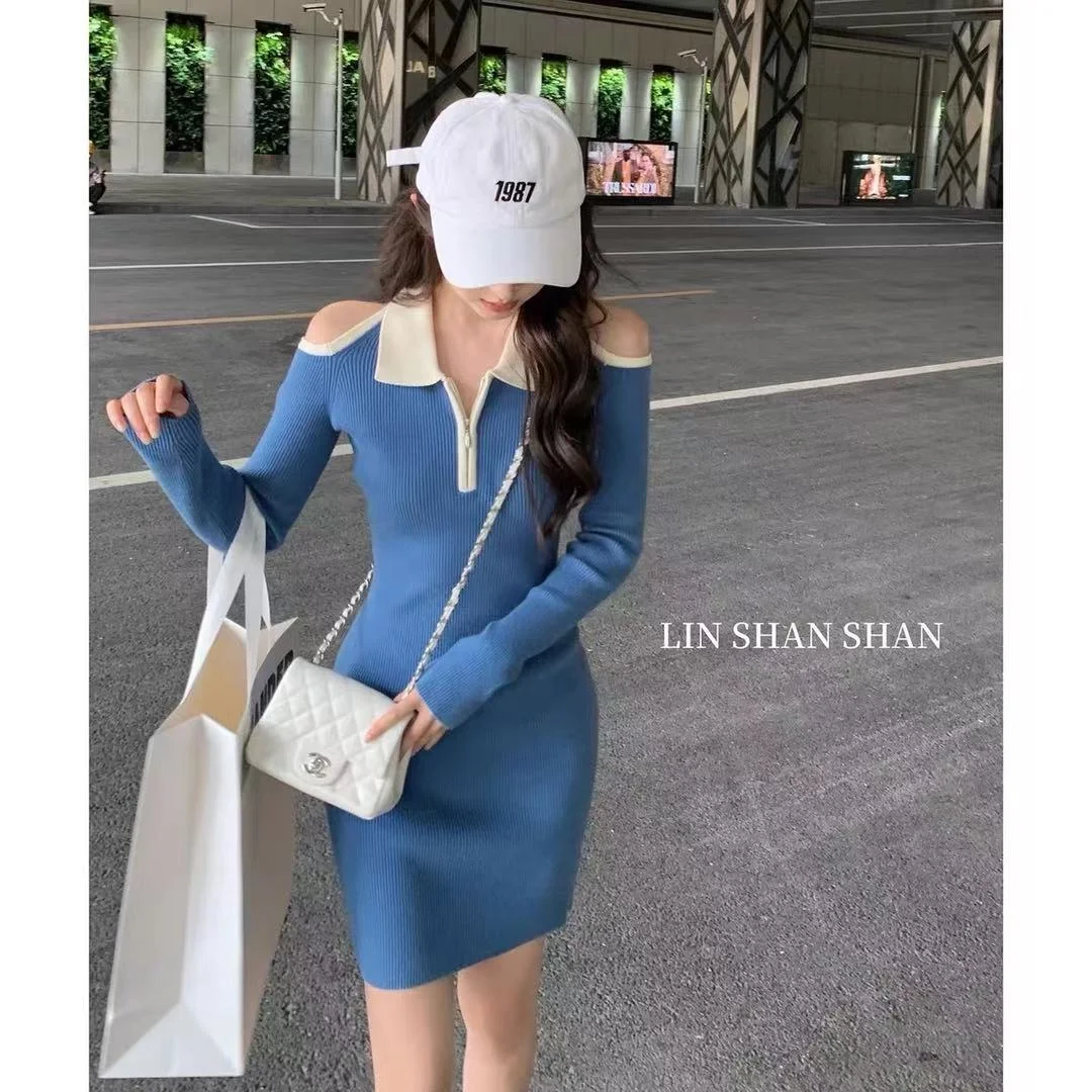 

Lin Shanshan Online Pure Desire Girlfriend Halter Knitted Dress Sexy Off-the-shoulder Good-looking Jum