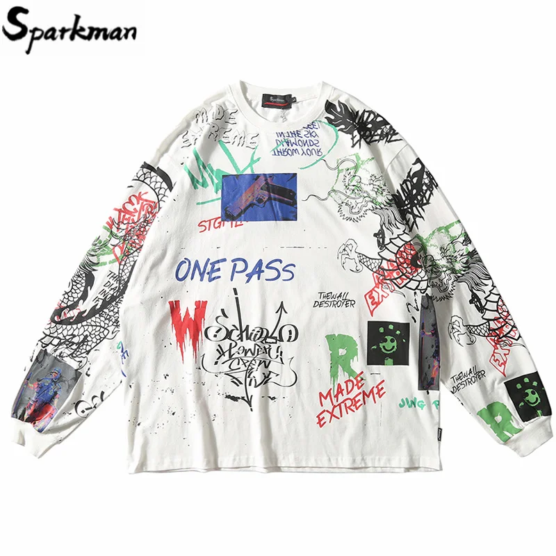 Футболка мужская оверсайз с длинным рукавом уличная одежда в стиле хип-хоп