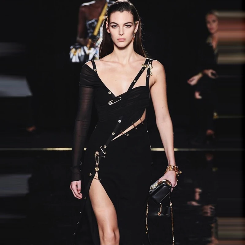 Женское Бандажное платье на одно плечо черное Сетчатое лоскутное длинное с V