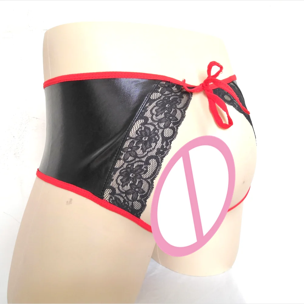 2020 Sexy Men Black Red PU Bandage Short Panties Back Open Lace G-strings Thongs Gay Underwear Night Club Bulge Cock Pouch | Тематическая