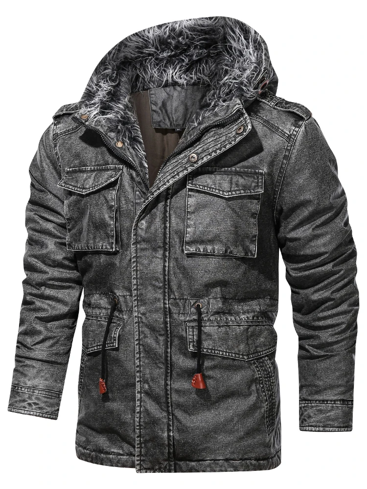 2021 Ouma men's casual multi-pocket big fur collar personality tooling retro mid-length cotton jacket men's trend