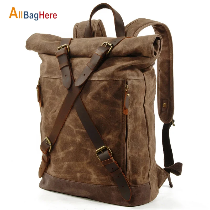 Ретро рюкзак для ноутбука Мужской Водонепроницаемый Холщовый кожаный дорожный