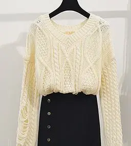 only Apricot top Пуловер свитер и длинная юбка с разрезом костюмы для отдыха корейский модный осенний комплект одежды Феи из двух предметов, трикотажный Свободный Топ - Цвет: only Apricot top