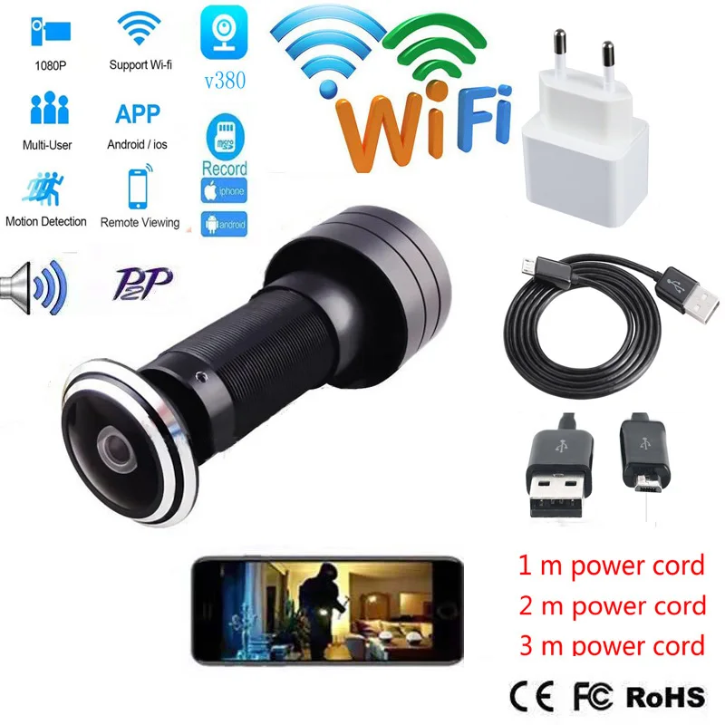V380 Home security door eye WiFi camera  Mini Peephole Door wifi  ip   camera lens 1.7Angle180  TF card Slot