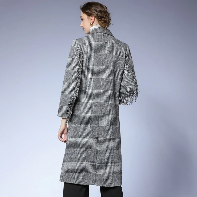 

2020 autumn and winter new fashion plaid woolen coat tassel stitching double breasted loose long wool thick coat women