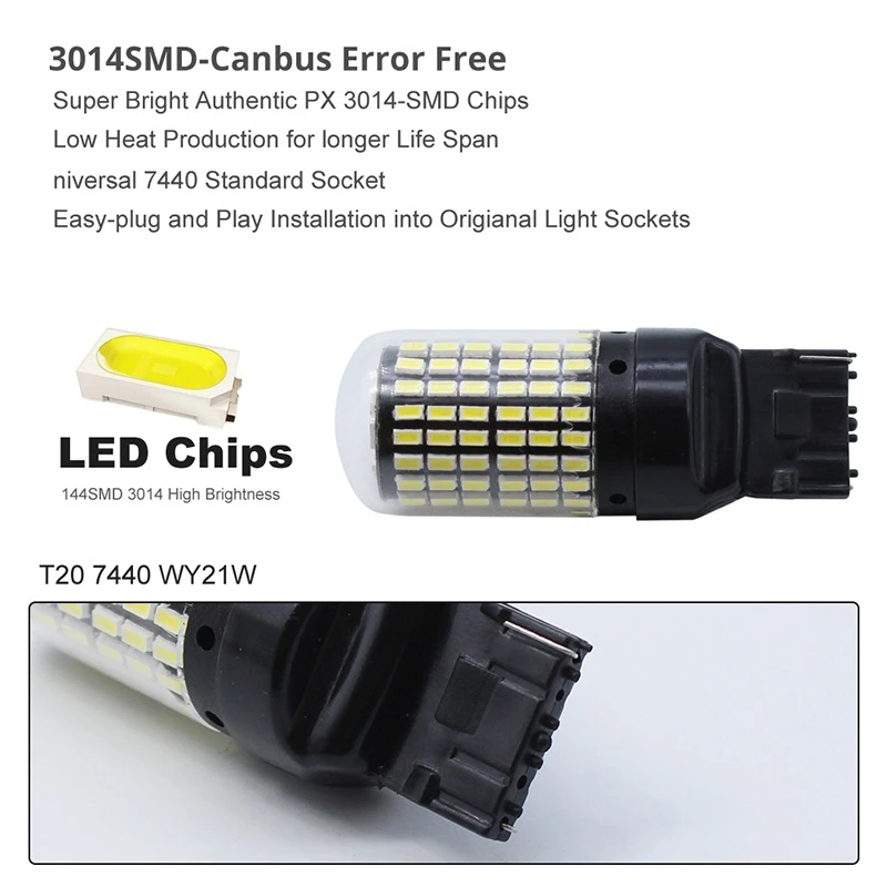 

2Pcs Super Bright Canbus T20 7440 W21W Wy21W 144-Smd Reverse Light Turn Signal Light Error Free No Hyper Flash T20 7440 Led Bulb