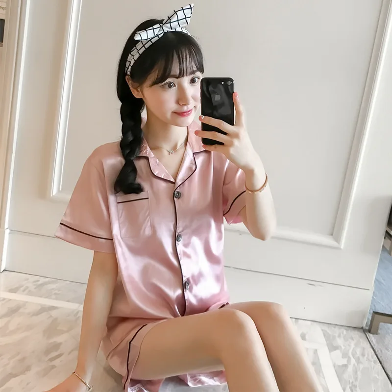 

Women Sleepwear Summer Pajama Set Pink Green Turn Down Collar Faux Silk Satin Short Sleeve Casual Female Pijama Home Wear Shorts