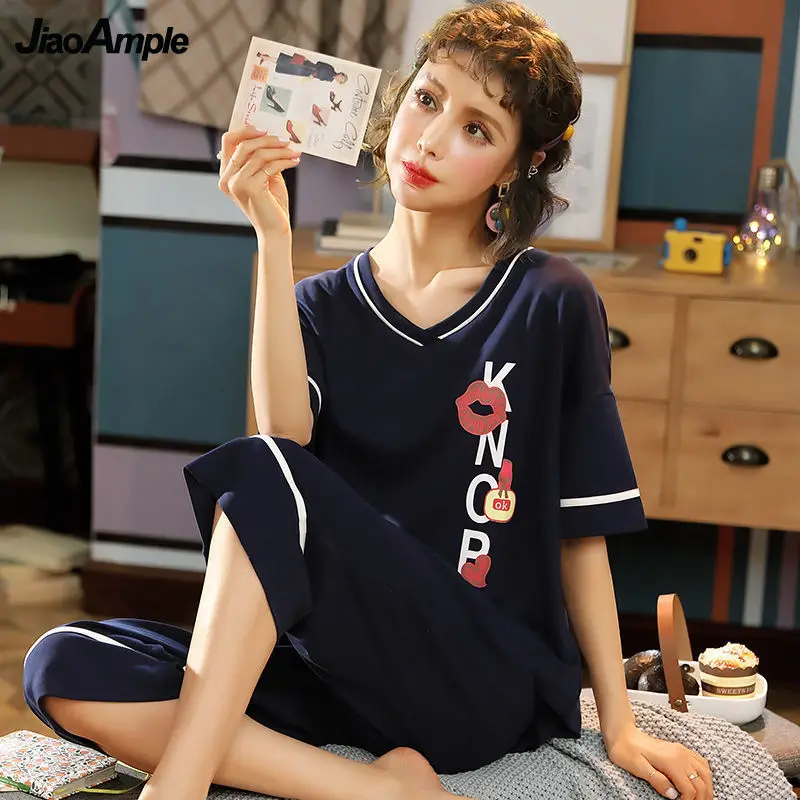 Pajamas Women's Summer 100% Cotton Short-sleeved Cropped Trousers Pijamas Two-piece Korean Loose Homewear Cute Sleepwear Set