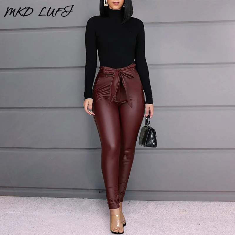 Paperbag Waist Faux Leather Pants Women High Belted Casual PU Pencil | Женская одежда