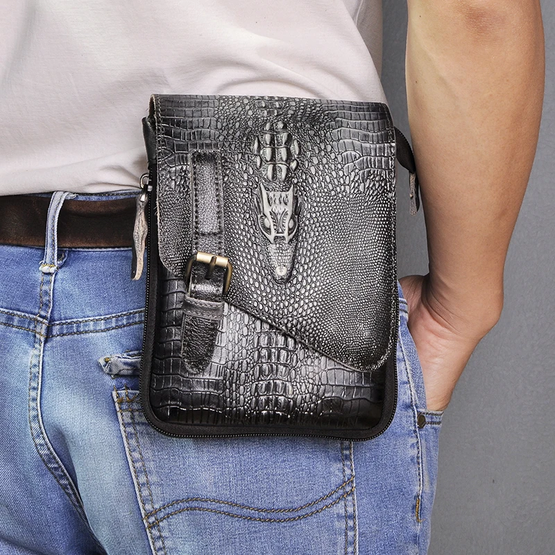 big-black crocodile Qualty Leather men Casual Design Multifunction Messenger Cross body Shoulder Bag Travel Fashion Waist Belt Pack Bag 611-1-db - Цвет: big-black crocodile