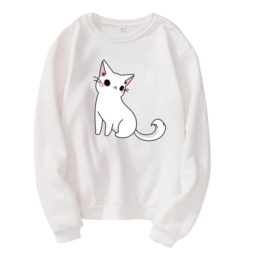 JAYCOSIN модная женская Свободная Толстовка с круглым вырезом и принтом кота длинным