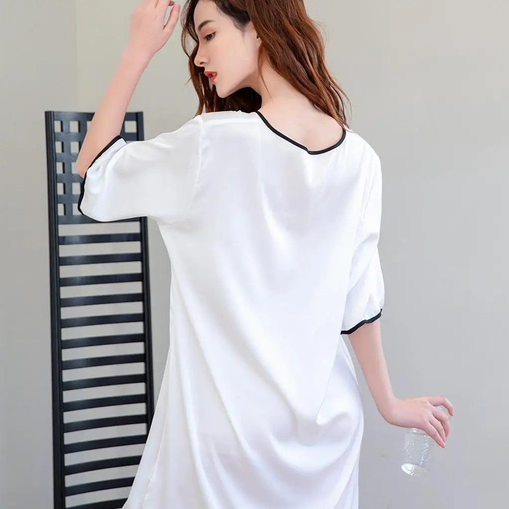 

White Short Sleeve Nightgown Casual Nightwear Intimate Lingerie Satin Sleepwear Female Button-down Sexy Soft Home Clothing