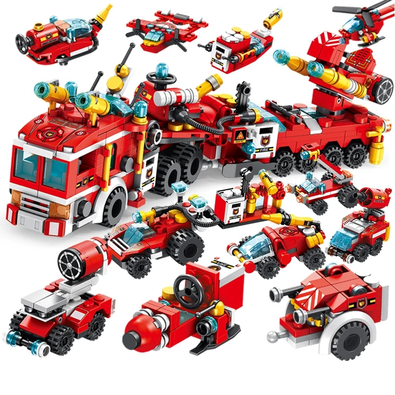 Блокировка пожарный город Мобильная пожарная станция 12 в 1 грузовики вертолет