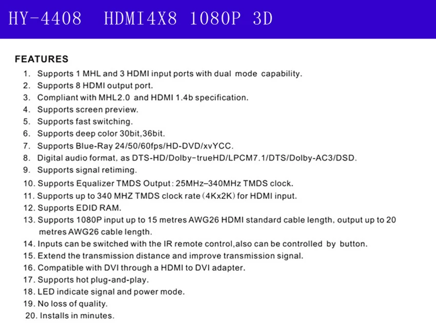 HDMI Matrix 4x8 Full HD 4K 2K 3D 1080P HDMI Matrix4 Вход 8 Выход HDCP HDMI коммутатор сплиттер конвертер адаптер+ пульт дистанционного управления