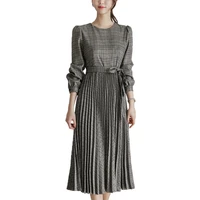 spring and autumn korean design feeling of the new long sleeved skirt fashion pleated full length dress office party slim dress