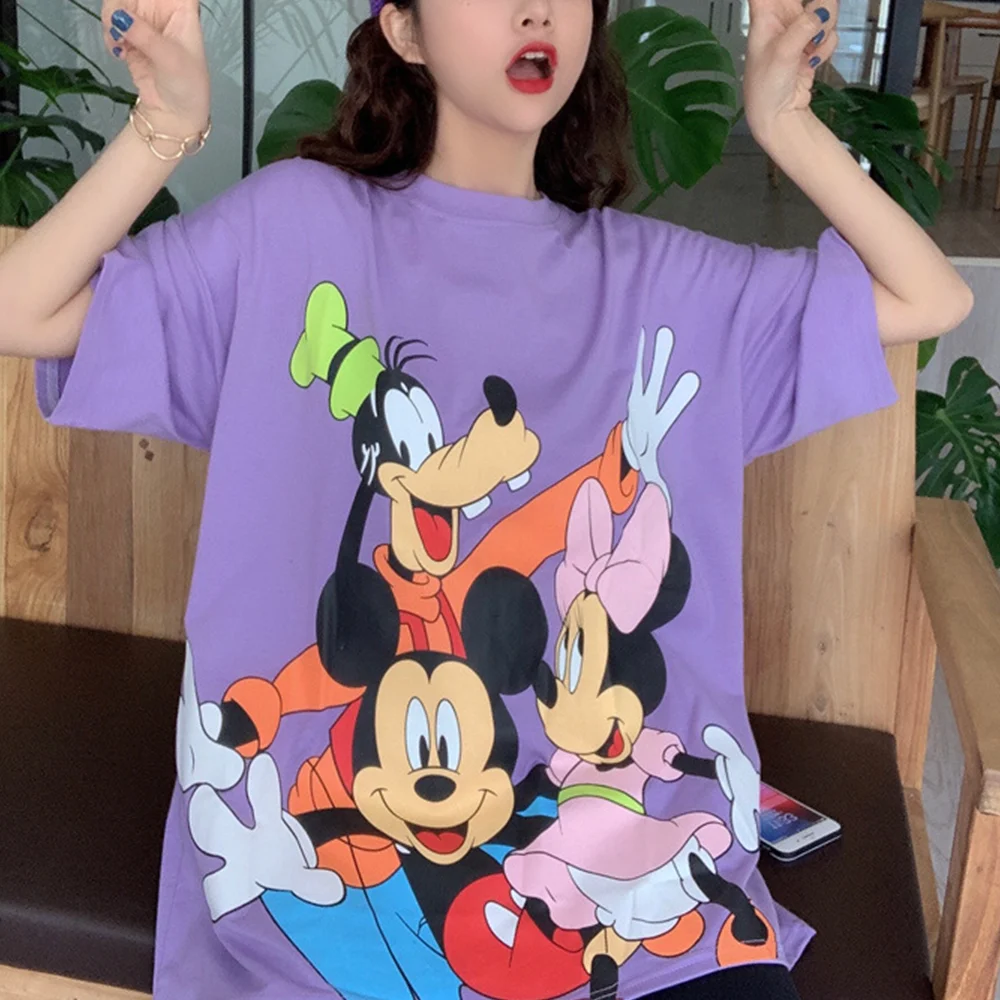 

Disney Cartoon T-shirts for Women Mickey Mouse Donald Duck Minnie Tops Summer Loose Black Female T-shirt Harajuku Casual New SWW