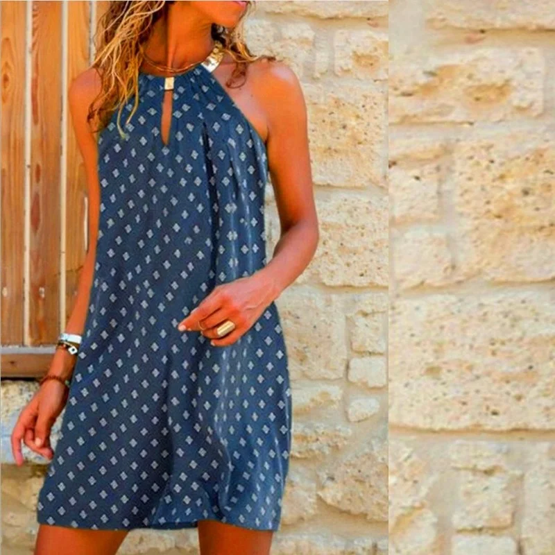 

WEPBEL 2021 New Women's Fashion Summer Elegant Retro Sleeveless Plaid Printed MINI Dress Casual Neck Halter Off Shoulder Dress