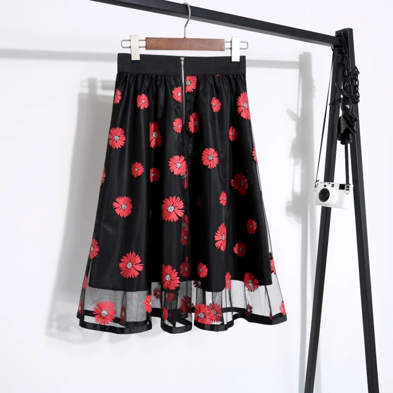  2020 New Spring Summer Vintage Floral Printed Mesh A-Line Tulle Skirts Elegant Midi High Waist Korean Style | Женская одежда
