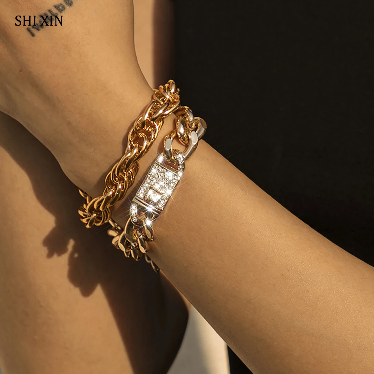 

SHIXIN Hiphop Cross Thick Cuban Link Chain Bracelets Set for Women Crystal Buckle Hand Chain Rhinestone Bracelets Charms Jewelry