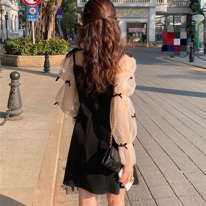 

KUSAHIKI 2021 Spring Bowknot Mesh Puff Sleeve Patchwork Dresses Korean Square Collar Sweet Vestidos High Waist Women Dress 6F668