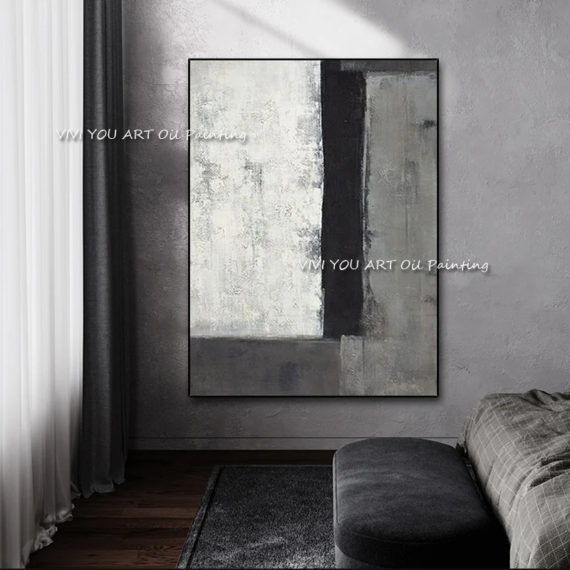 

The Special Offer Black White High Quality Textured Original Abstract Modern Thick Oil Painting Brush Gray Wall Square Graph Art