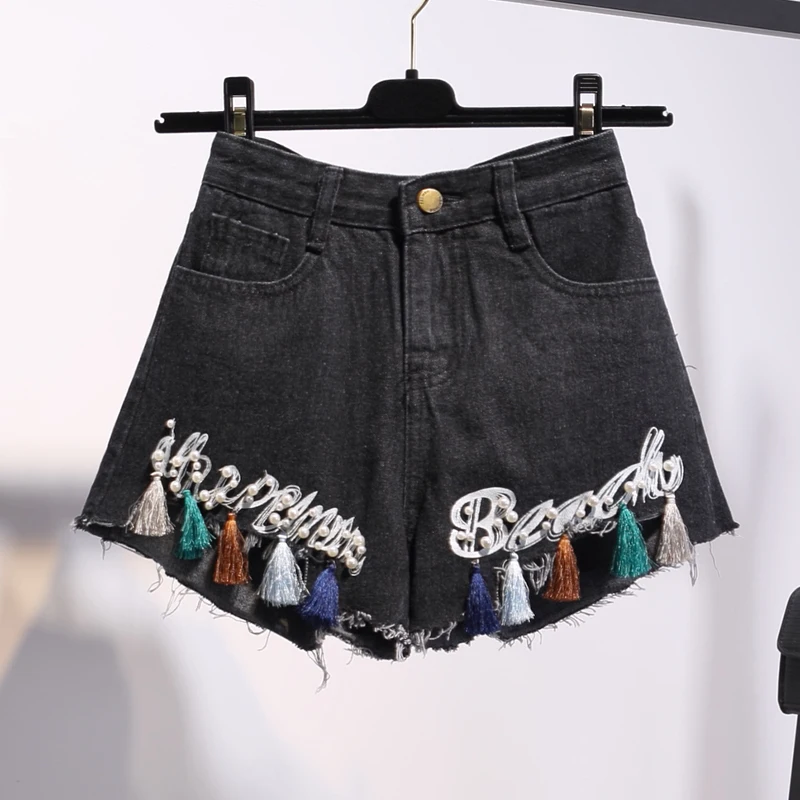 Шорты женские джинсовые с бисером свободные размера плюс завышенной талией и