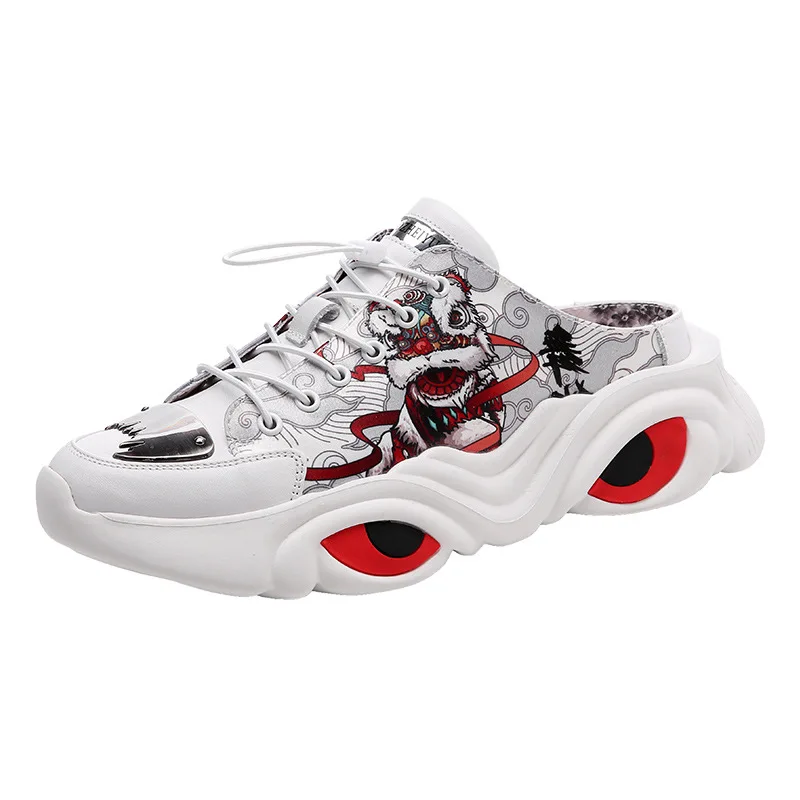 

HUNU Chinese Style Slipper Men's Summer Slipper Leisure Breathable Toe Tide Slipper Cow Leather Semi Slipper with thick Soles