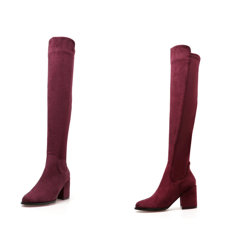 2019 женские замшевые сапоги выше колена на низком квадратном каблуке 7 см Женские