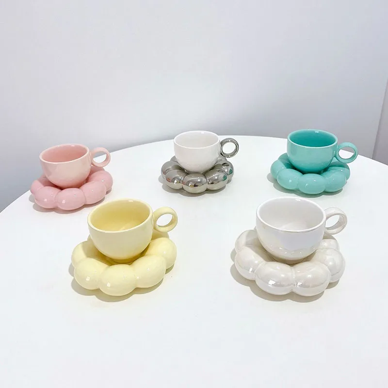 200ml Creative Flower Ceramic Mugs Candy Color Coffee Cup Saucer Set Tea Milk Water Home Drinkware Couple Handgrip Gifts | Дом и сад