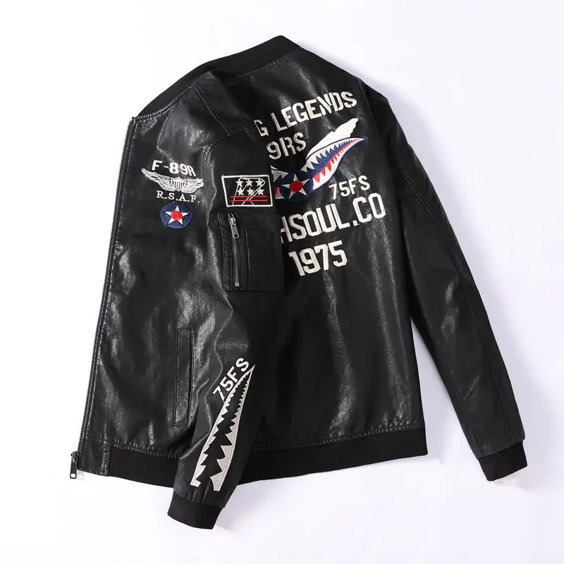 Новое поступление мотоциклетная кожаная куртка с вышивкой мужские кожаные