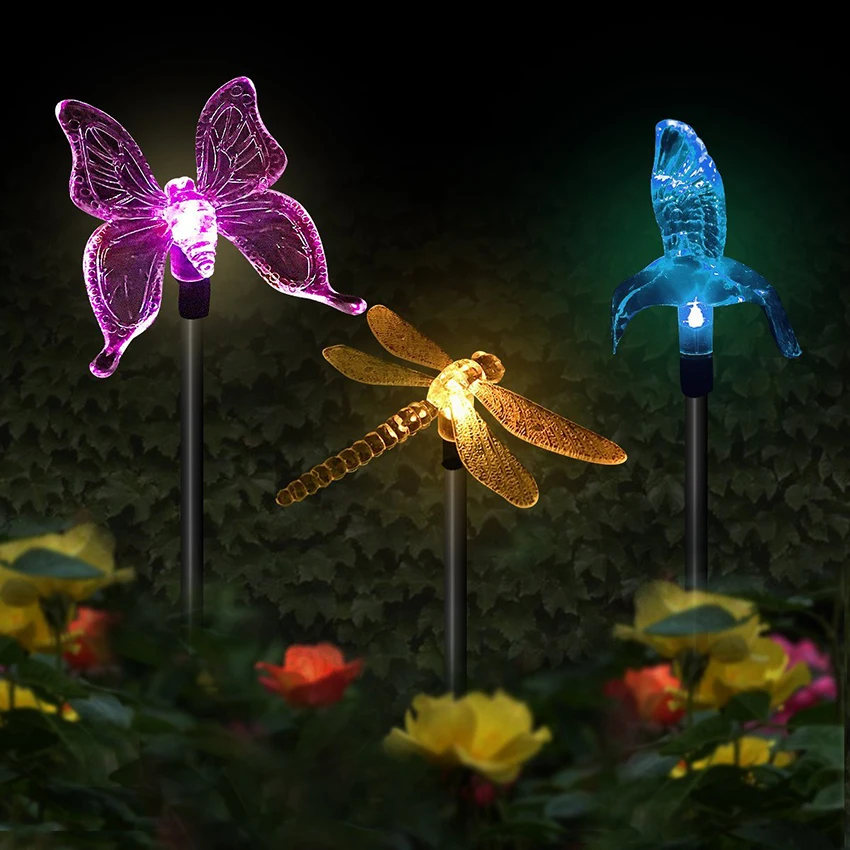 

Solar Garden Lights Multi-Color Changing bird Butterfly Dragonfly Solar Powered Pathway Lights Outdoor Landscape Path Lawn Lamp