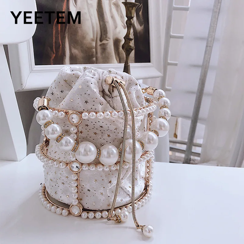 

Pearl Crossbody Chain Metal Bucket Bag Luxury Design Banquet Star Cotton Cloth Bag Party Lady Handbag Cross Bag Lady Bag Wallet