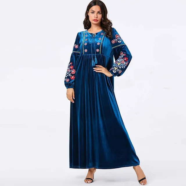 Blue dress Утолщенная бархатная абайя Дубай размера плюс хиджаб мусульманское длинное платье зима кафтан осень кафтан теплый Elbise арабский халат ислам Djelaba - Цвет: Blue dress