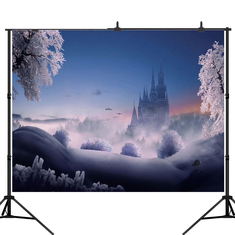 

Lyavshi Winter Photography Background Snow Covered Pine Trees deer forest Castle Princess christmas Party Photo Booth Backdrop