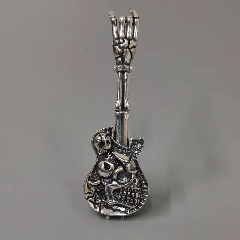 

Hip Hop Jewelry Skull Pendant Hand Arm Bone Guitar Music Hiphop Gift Gold Plated 925 Sterling Silver Men Pendant