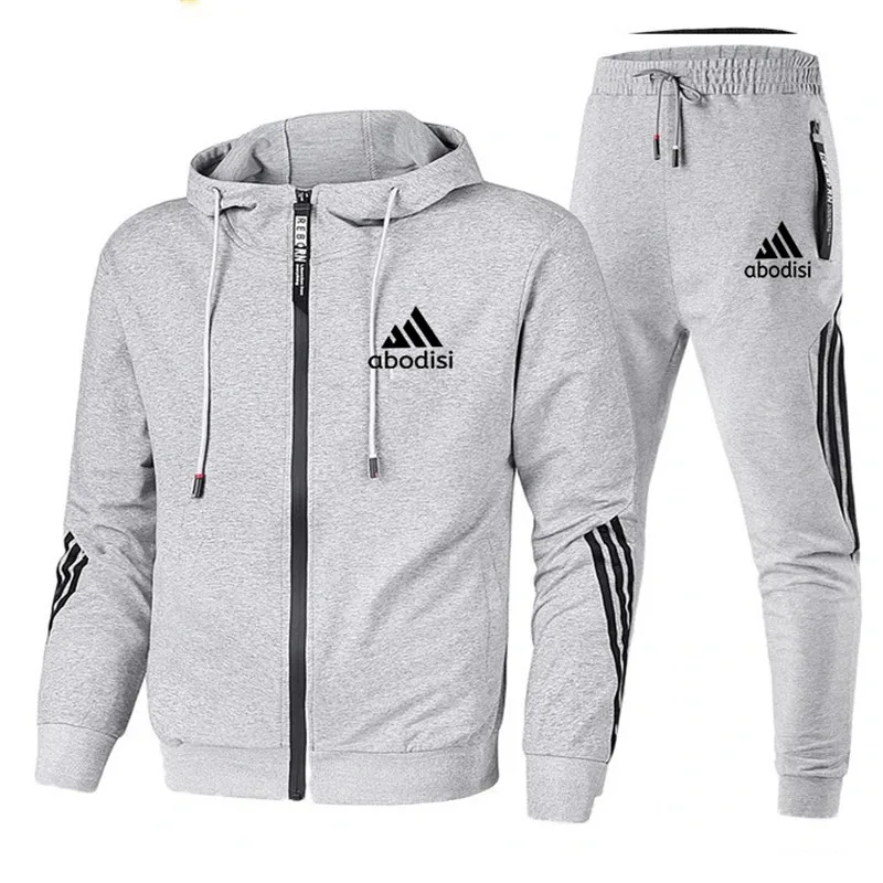 

Men's double Pinstripe sportswear, Hoodie suit, outdoor sports pants, zipper sportswear, spring and autumn, 2020