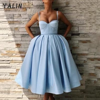 yalin blue a line homecoming dresses spaghetti straps satin prom dresses knee length elegant womens dresses for party dresses