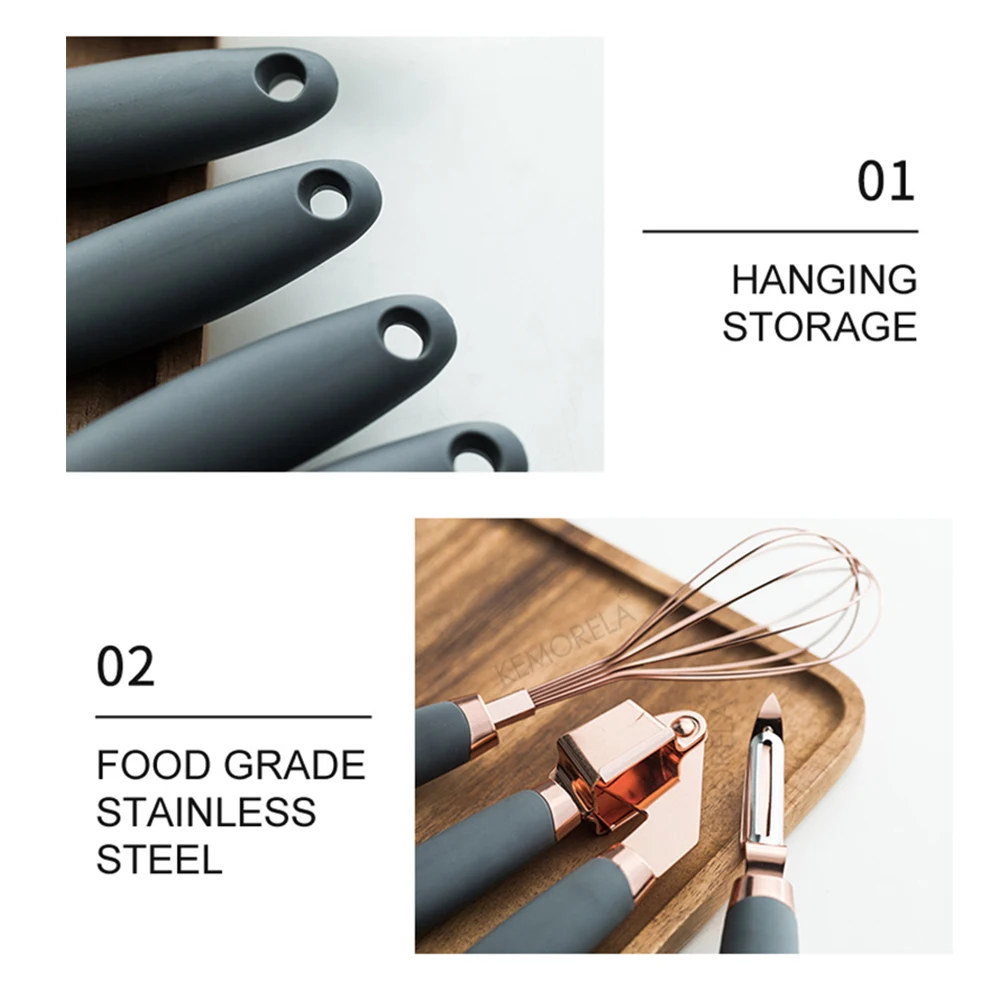 walfos 7 pcs kitchen gadget set copper coated stainless steel utensils with soft touch rose gold garlic press pizza cutter free global shipping