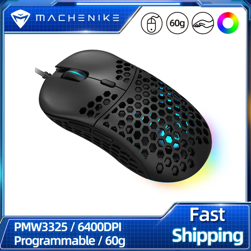 

Machenike Gaming Mouse PMW3325 Optical Sensor 60g Light Wired Mice 6400DPI Adjustable Programmable RGB For PC Laptop USB Cable