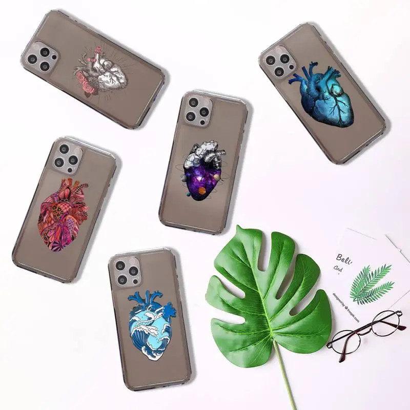 

human heart Creative cartoon Phone Case For iPhone 7 8 11 12 X XS XR MINI Pro Max Plus Retro Black Grey clear transparent