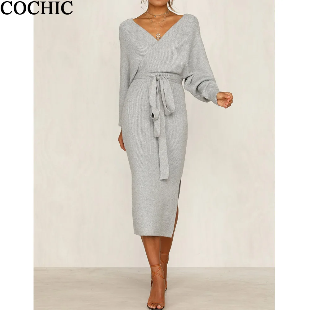 Женское вязаное платье с V образным вырезом однотонное на шнуровке длинным