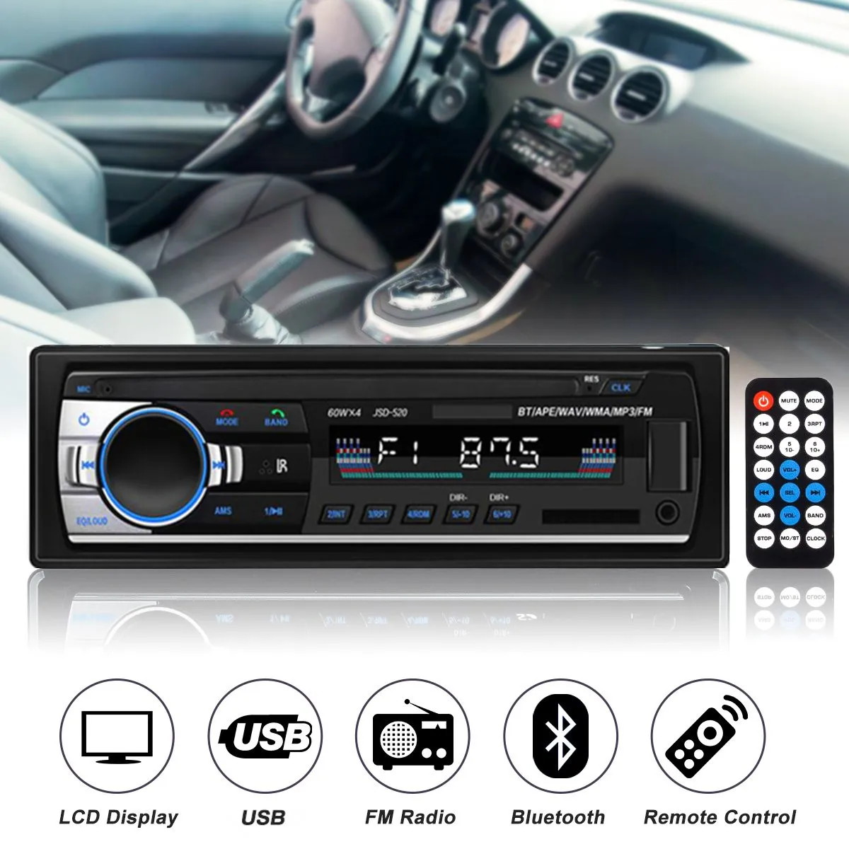 Автомагнитола 1 DIN аудио Bluetooth стерео MP3-плеер 60Wx4 FM-приемник с дистанционным