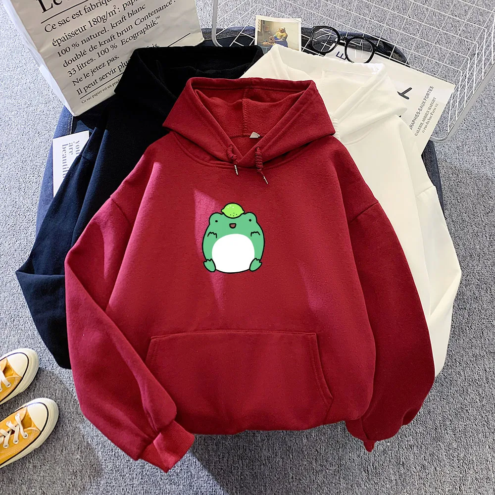 Cute Funny Frog Hoodies Goth Aesthetic Harajuku Tops Cotton Pullover Oversize Sweetshirt for Girls Long Sleeve Pocket Warm Coat