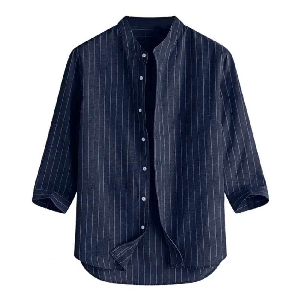 

Men Shirt Striped Loose Top Stand Collar Single-breasted Shirt for Dating Vintage Slim Male Tee Tops Social Casual Men Clothes