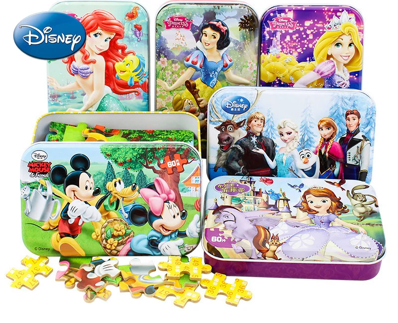 

Disney Mickey Frozen Elsa Children's Educational Toys Iron Box Wooden Toy Jigsaw Puzzle Game for Children