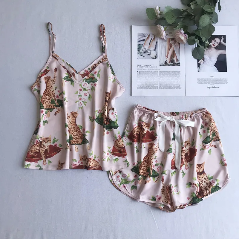 Flower Lady 2PCS Strap Top&ampShorts Sexy V-neck Pajamas Suit With Bow Soft Sleep Set Nightwear Casual Sleepwear Lougne Home Wear | Женская