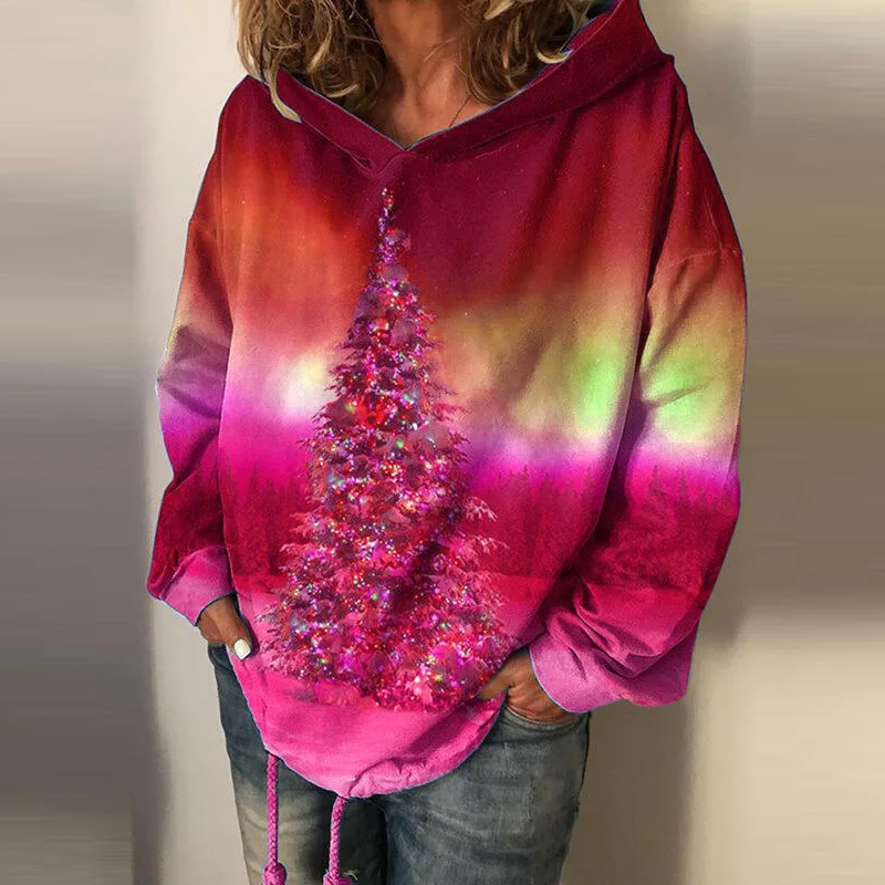 

Harajuku Tie-dye Aurora Print Women Sweatshirt Casual Long Sleeve Loose Hooded Hoodies Autumn Winter Vintage Pullover Tops Femme