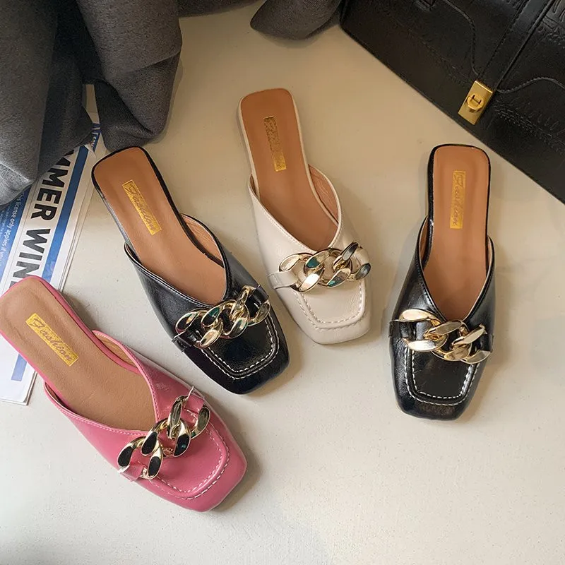 

Flat Shoes Female Rivet Womens Slippers Outdoor Low Luxury Slides Cover Toe Pantofle Designer Soft 2021 Rubber Metal Decoration